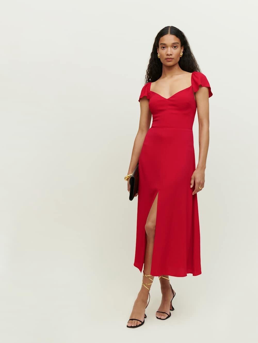 NWT Reformation Baxley Red Cherry Midi Dress Flutter Sleeve Sweetheart Slit 12